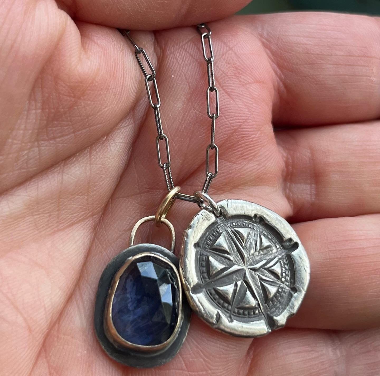 Handmade Vintage Inspired Silver Compass & Iolite Necklace