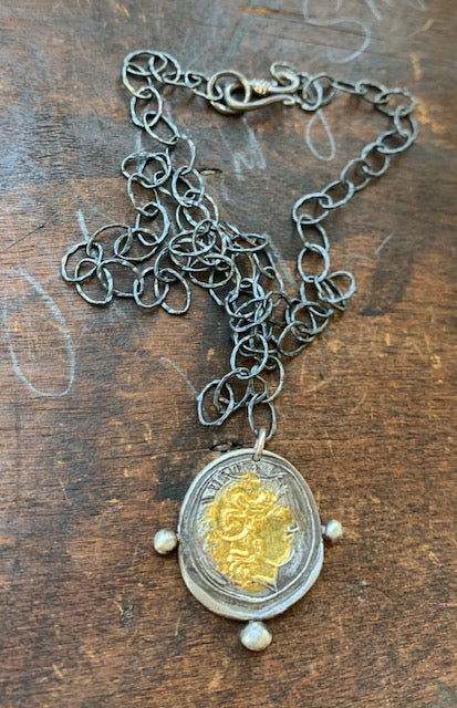 Handmade Antique Inspired Silver Coin Necklace with 24kt Gold