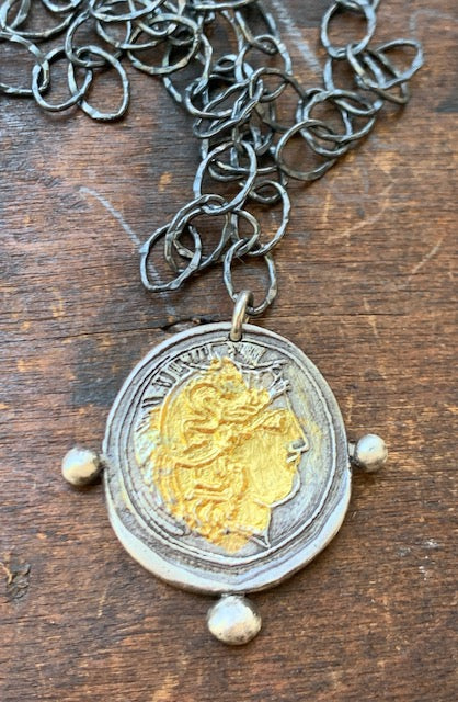 Handmade Antique Inspired Silver Coin Necklace with 24kt Gold
