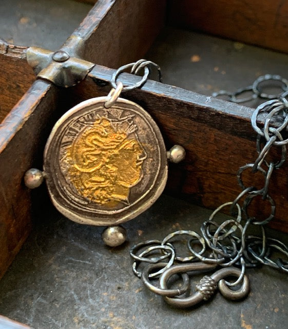 Handmade Antique Inspired Silver Coin Necklace with 24kt Gold