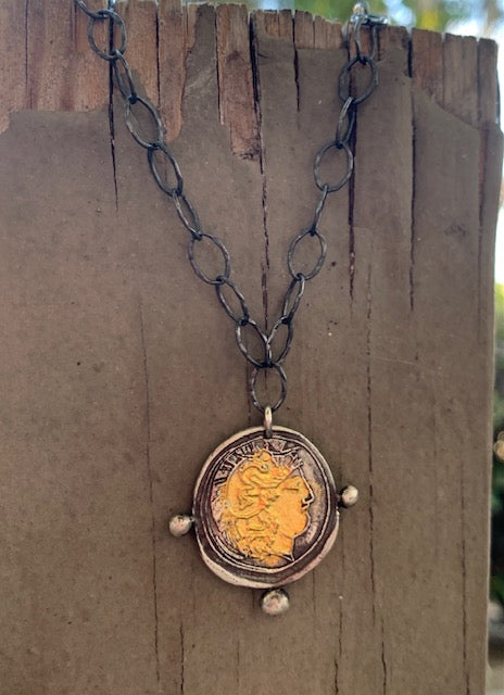 Handmade Antique Inspired Silver Coin Necklace with 24kt Gold