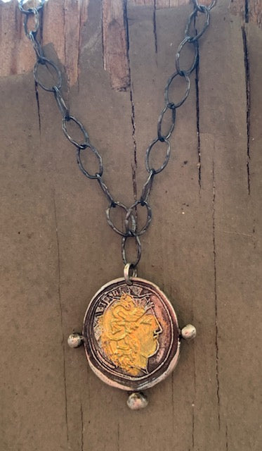 Handmade Antique Inspired Silver Coin Necklace with 24kt Gold