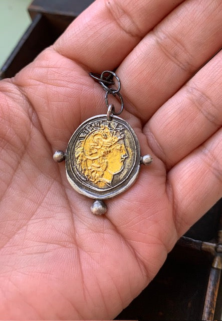 Handmade Antique Inspired Silver Coin Necklace with 24kt Gold
