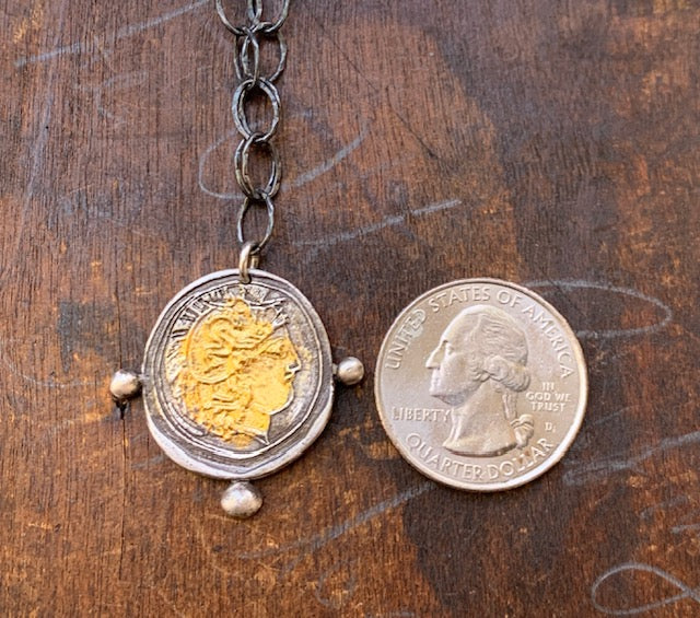 Handmade Antique Inspired Silver Coin Necklace with 24kt Gold