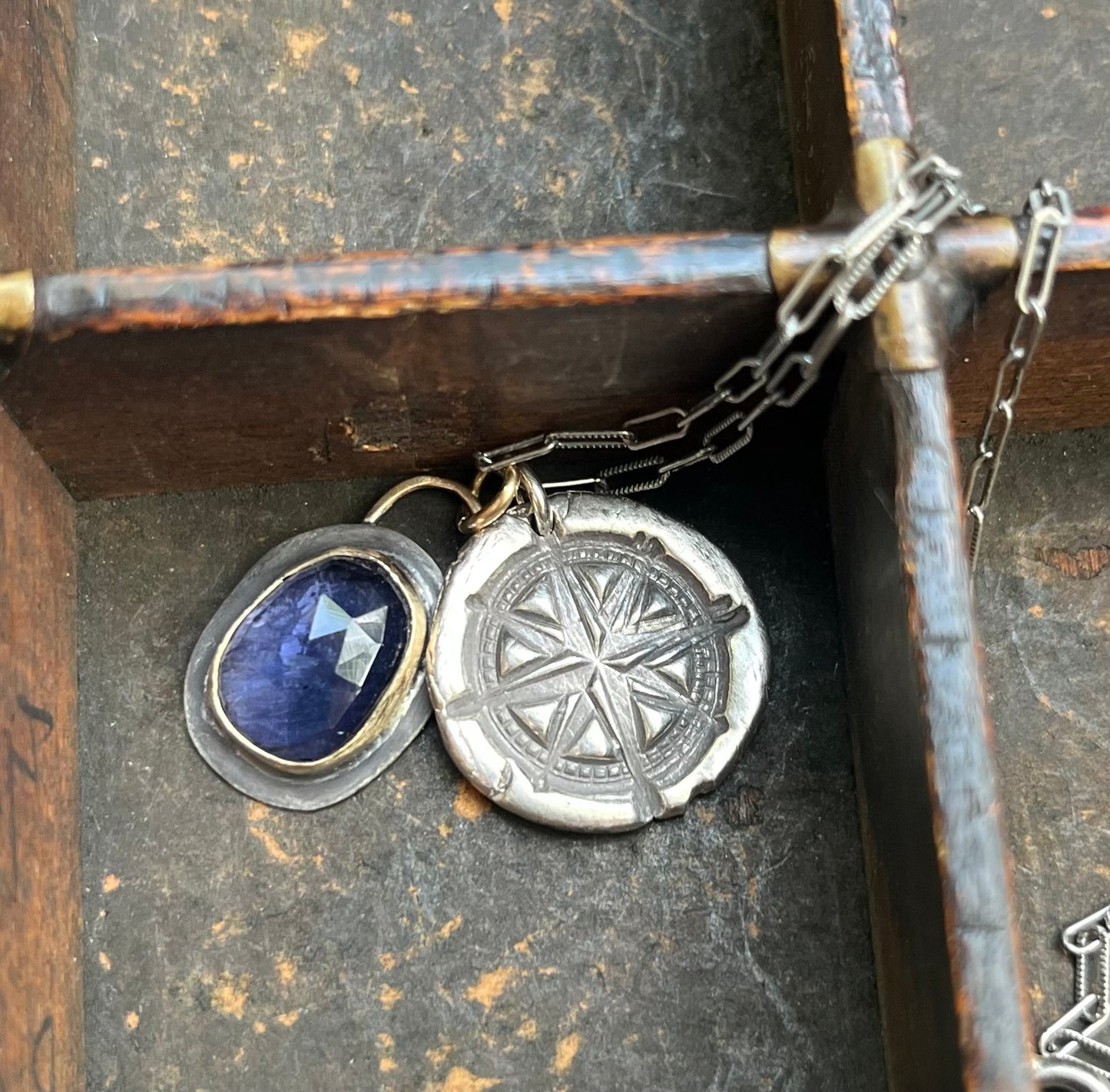 Handmade Vintage Inspired Silver Compass & Iolite Necklace