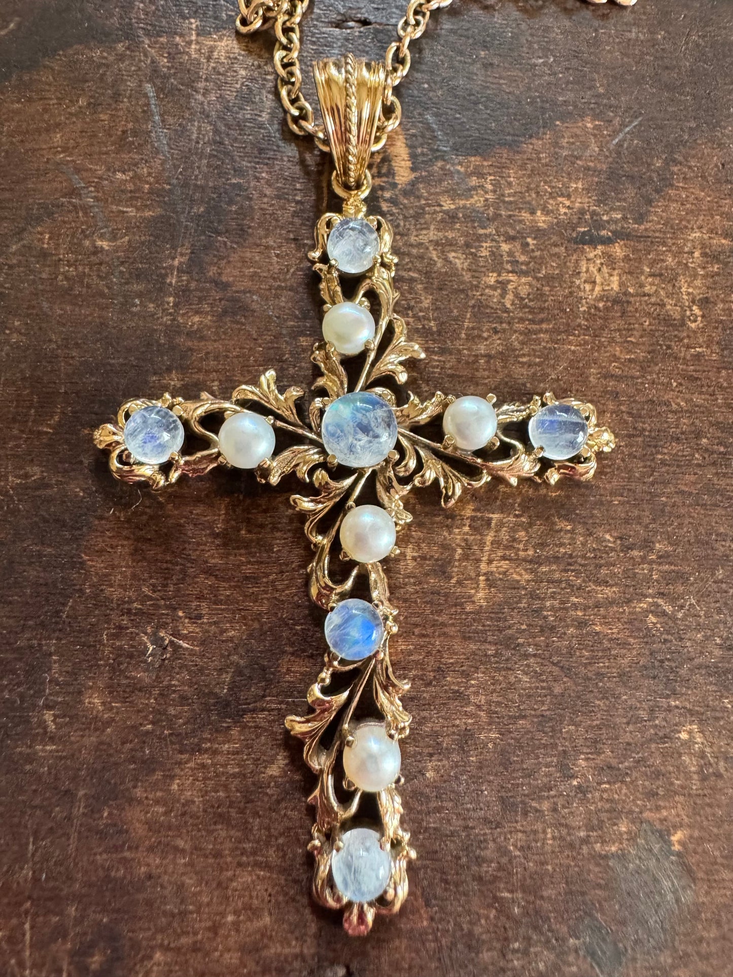 Nicky Butler Moonstone & Pearl Cross Necklace
