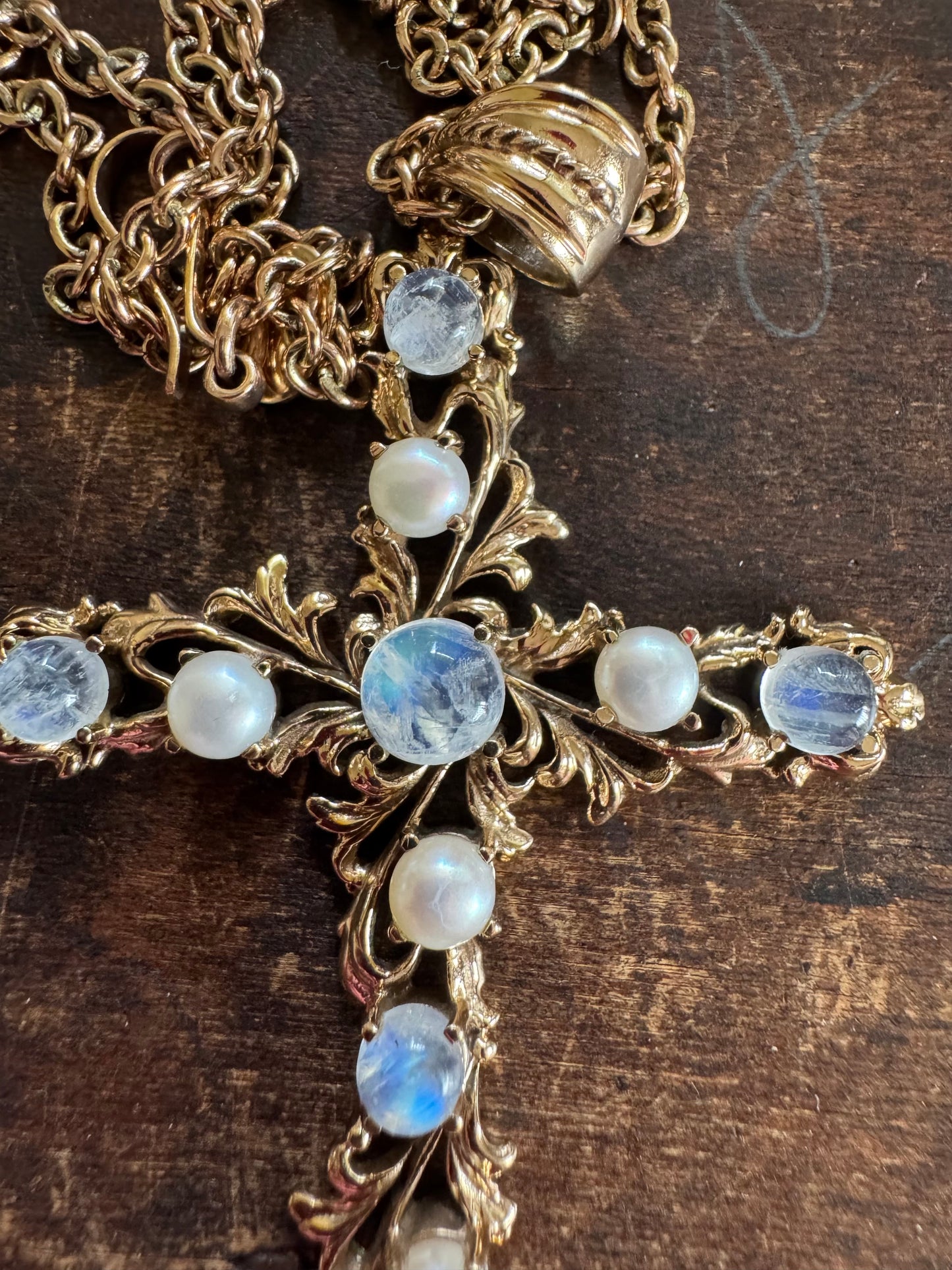 Nicky Butler Moonstone & Pearl Cross Necklace