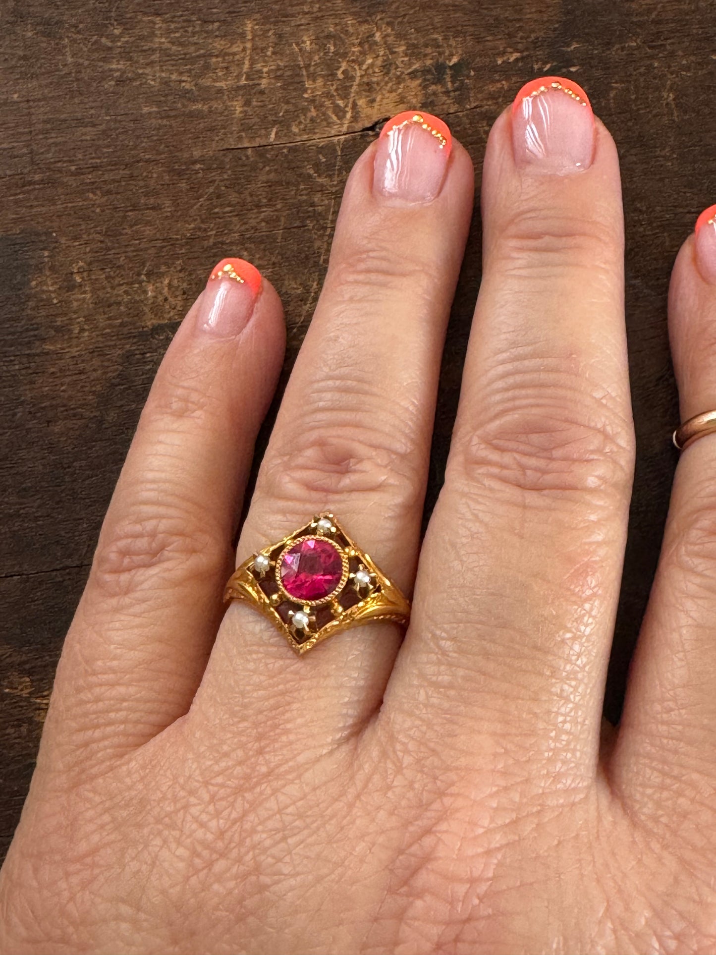 Antique Ring- Synthetic Ruby and Seed Pearl Ring