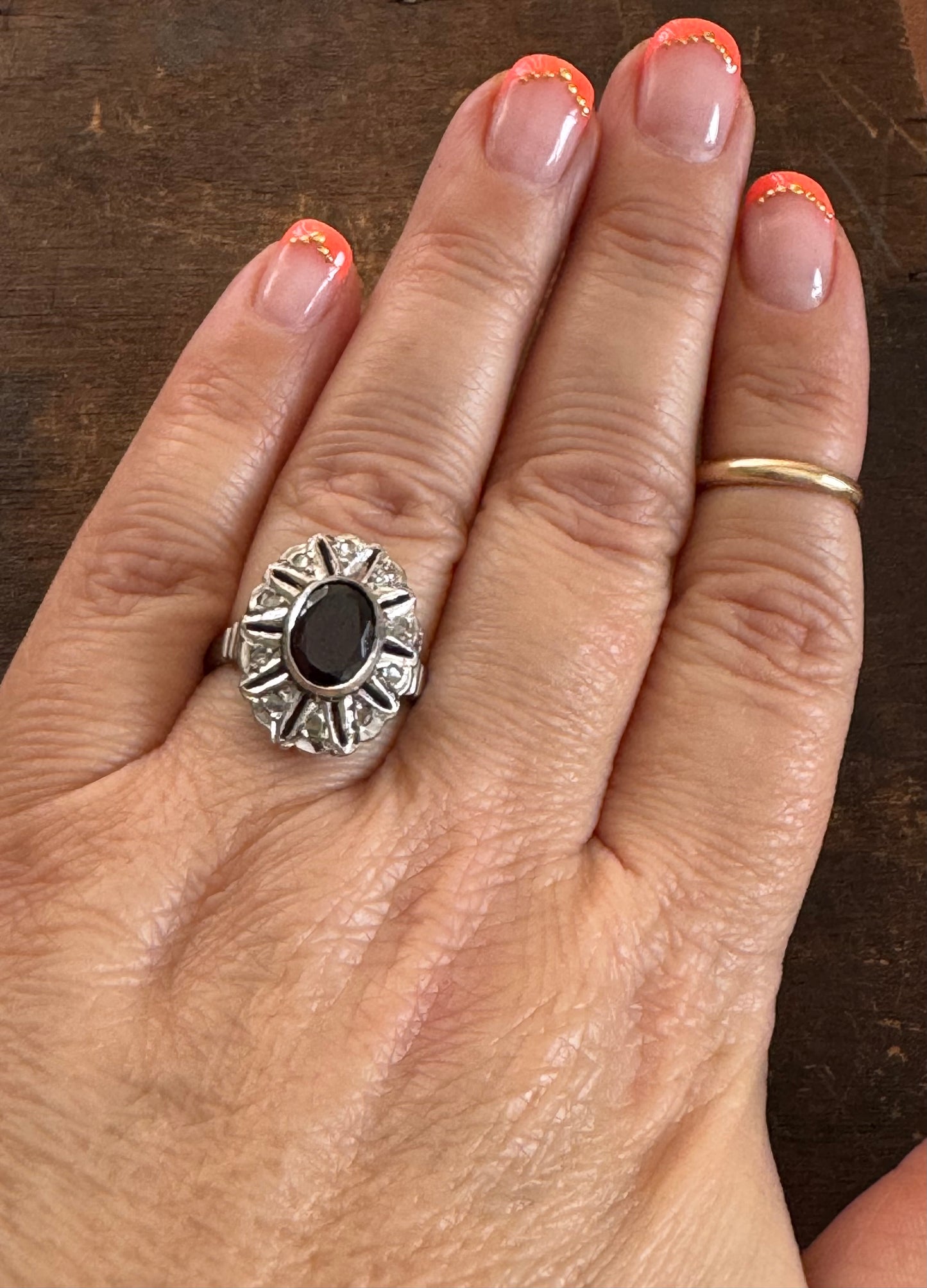 Vintage Ring - Sterling Silver Garnet & Diamond Ring