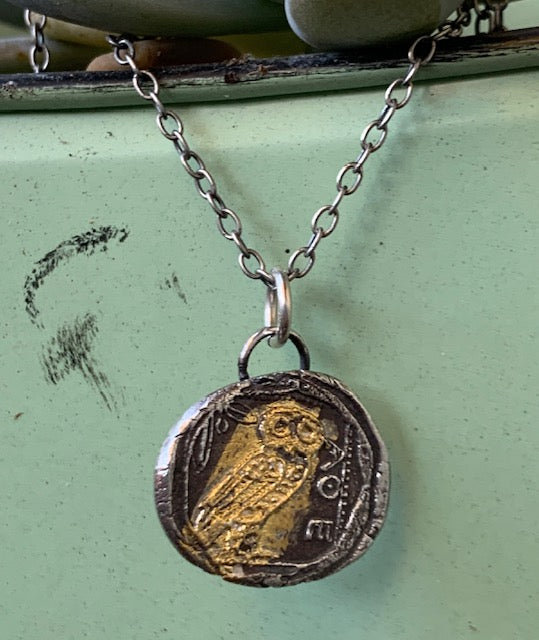 Handmade Mixed Metal Athena Owl Necklace