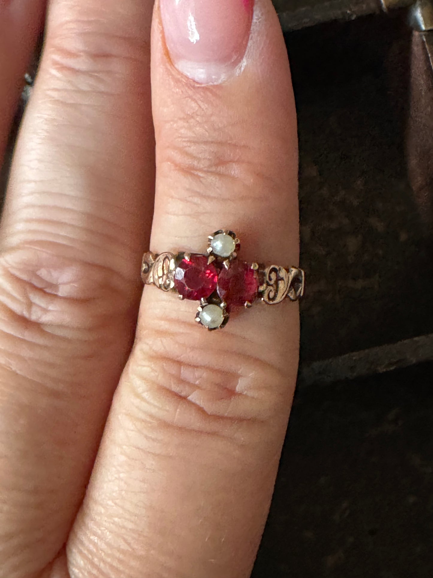 Victorian Garnet and Pearl Gold Ring