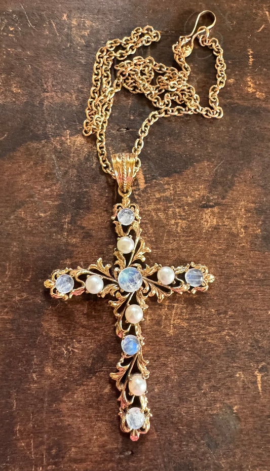 Nicky Butler Moonstone & Pearl Cross Necklace