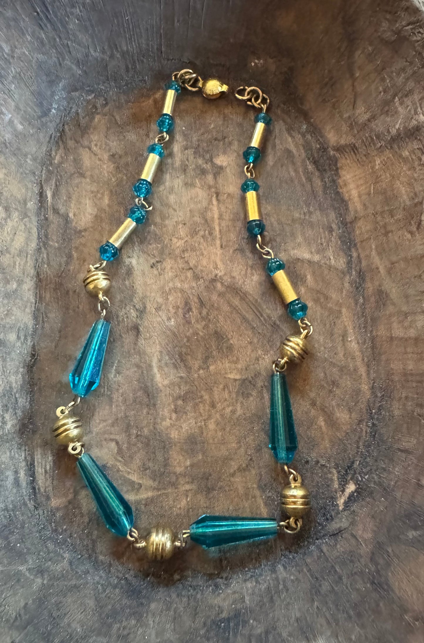 Vintage Necklace - 1930’s Blue Glass and Brass Necklace