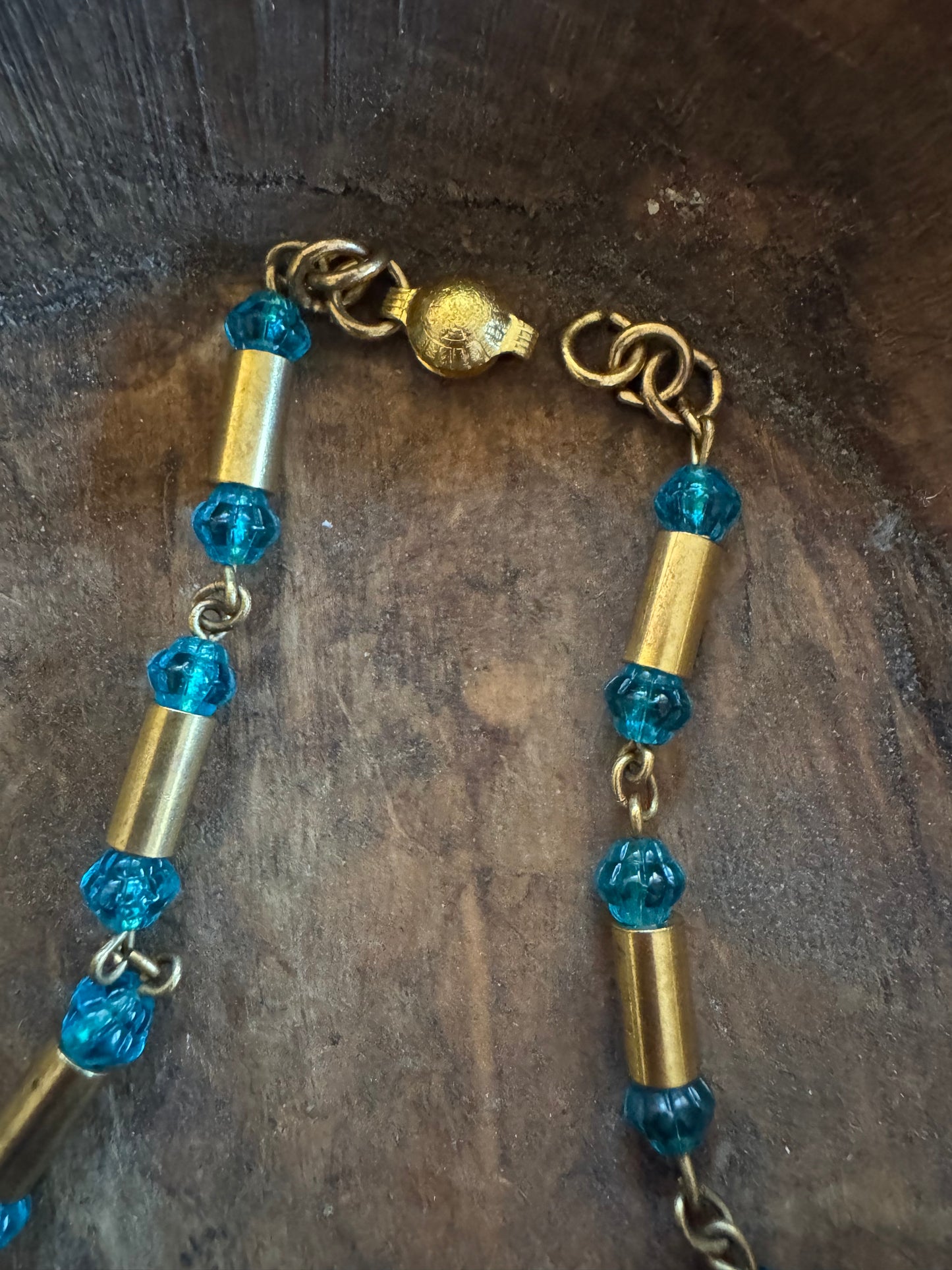 Vintage Necklace - 1930’s Blue Glass and Brass Necklace
