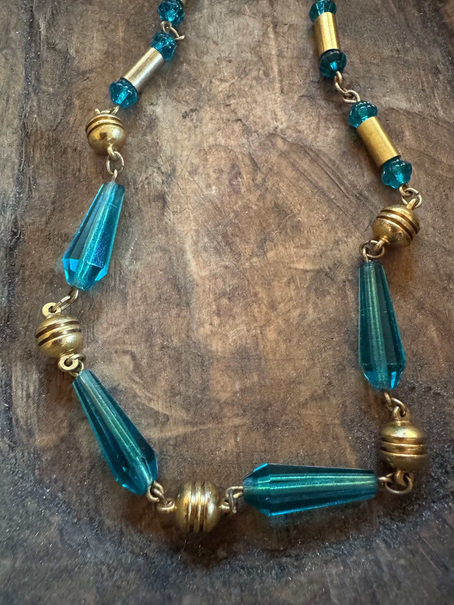 Vintage Necklace - 1930’s Blue Glass and Brass Necklace