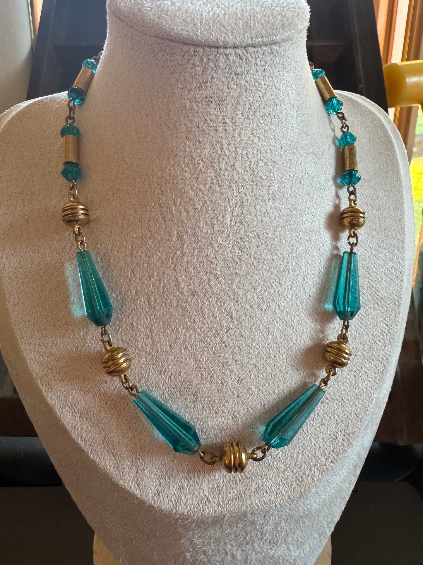 Vintage Necklace - 1930’s Blue Glass and Brass Necklace