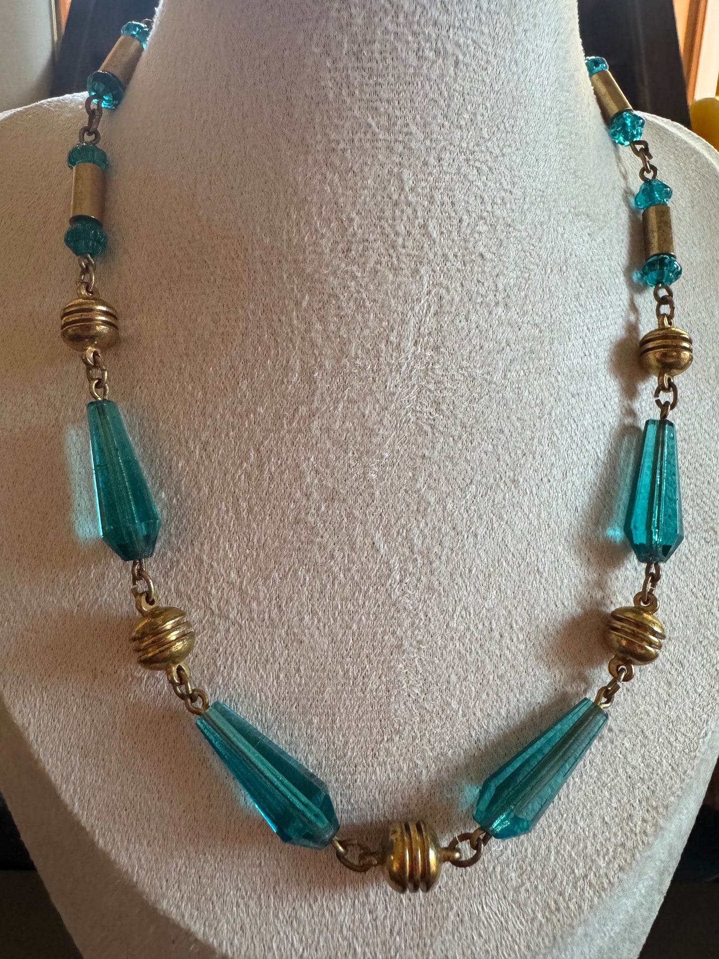 Vintage Necklace - 1930’s Blue Glass and Brass Necklace