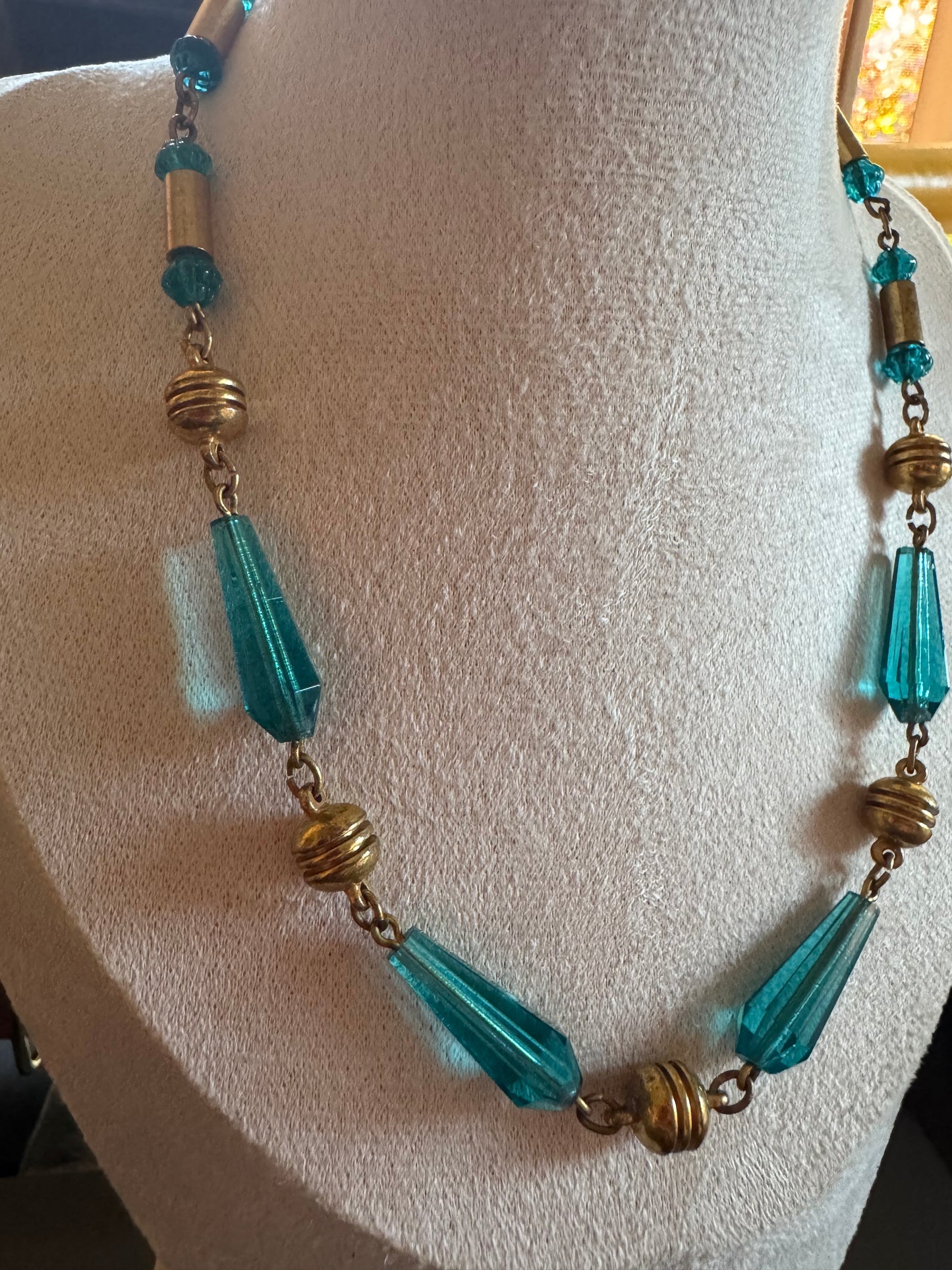 Vintage Necklace - 1930’s Blue Glass and Brass Necklace