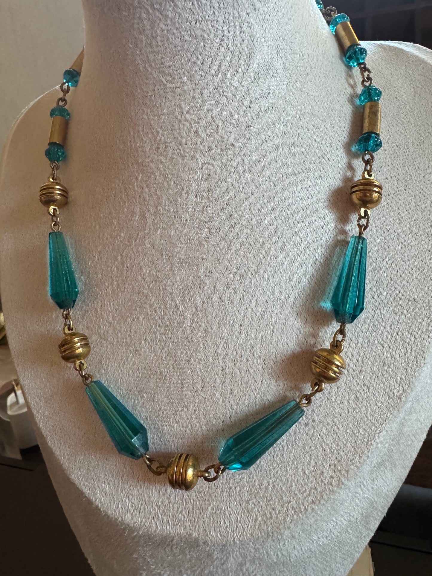 Vintage Necklace - 1930’s Blue Glass and Brass Necklace