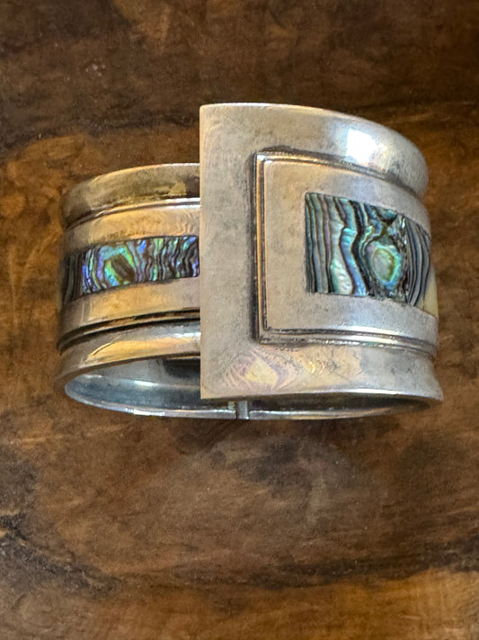 Vintage Bracelet-Sterling Silver and Abalone Bangle