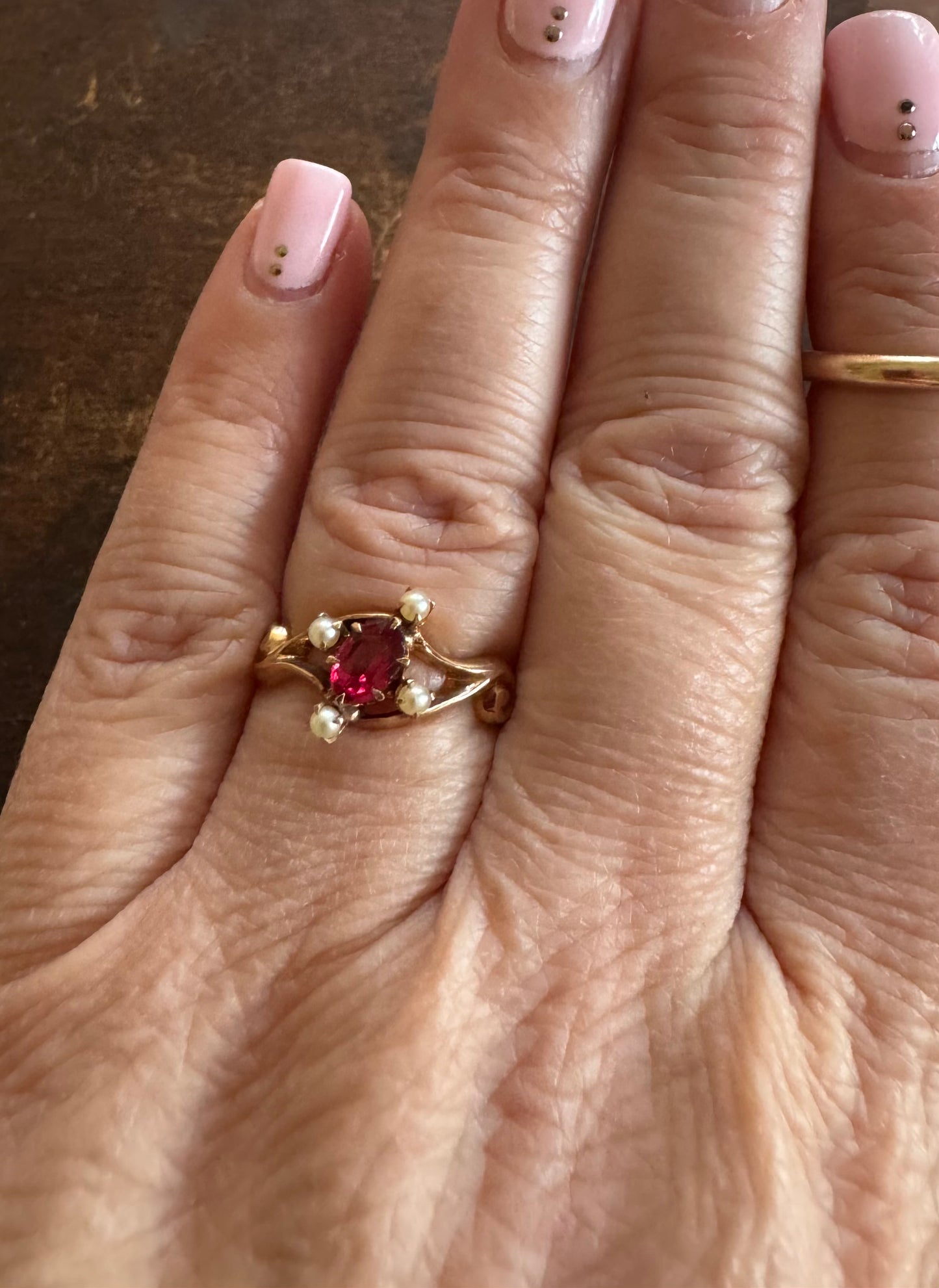 Victorian Ring - Antique Gold Ring with Garnet and Seed Pearls