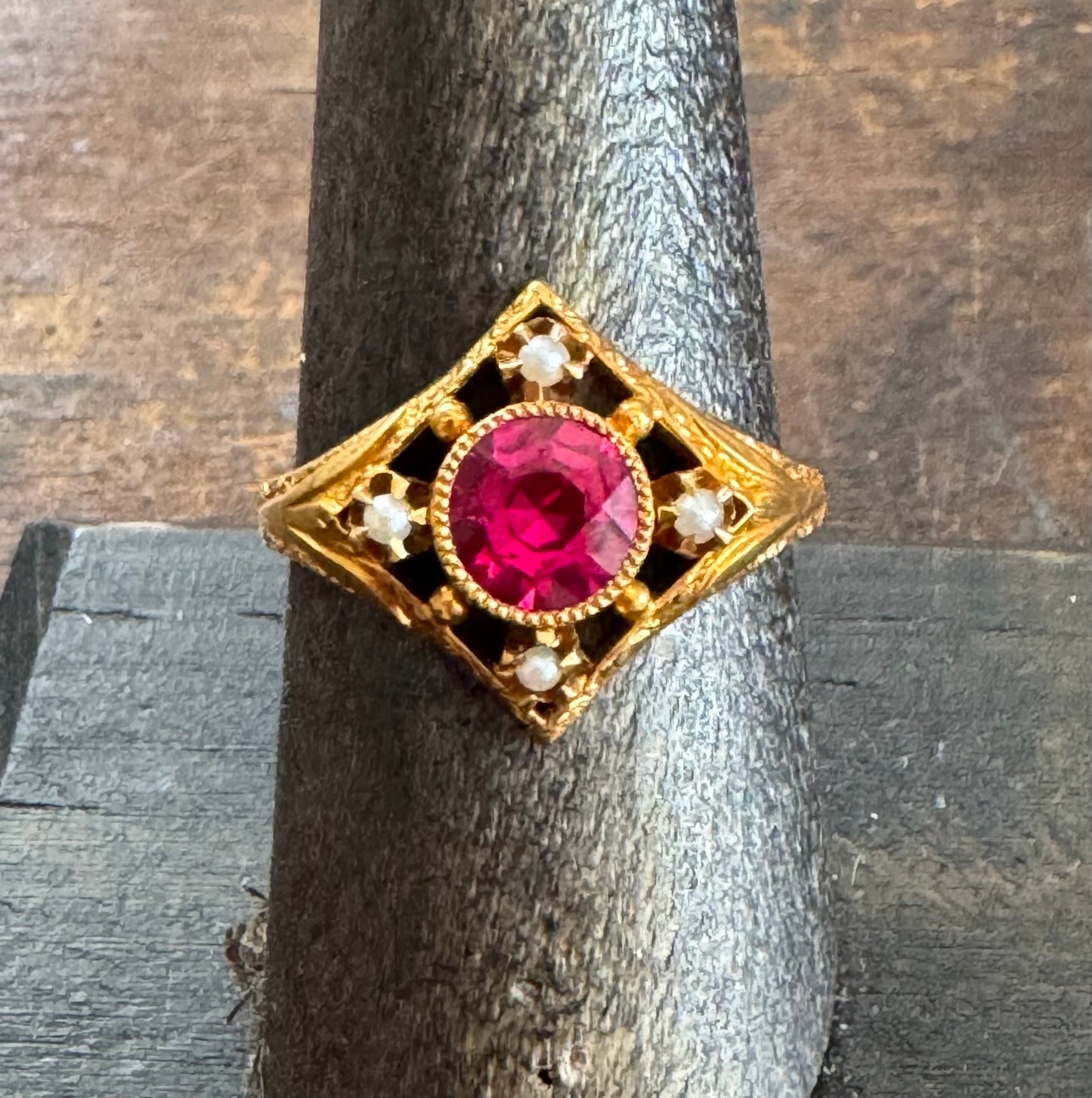 Antique Ring- Synthetic Ruby and Seed Pearl Ring