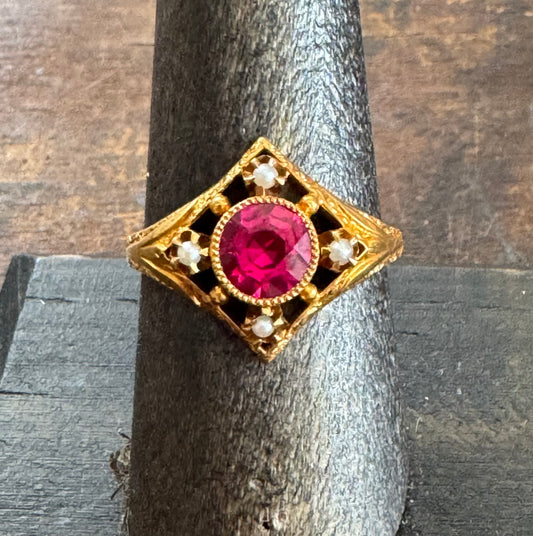 Antique Ring- Synthetic Ruby and Seed Pearl Ring