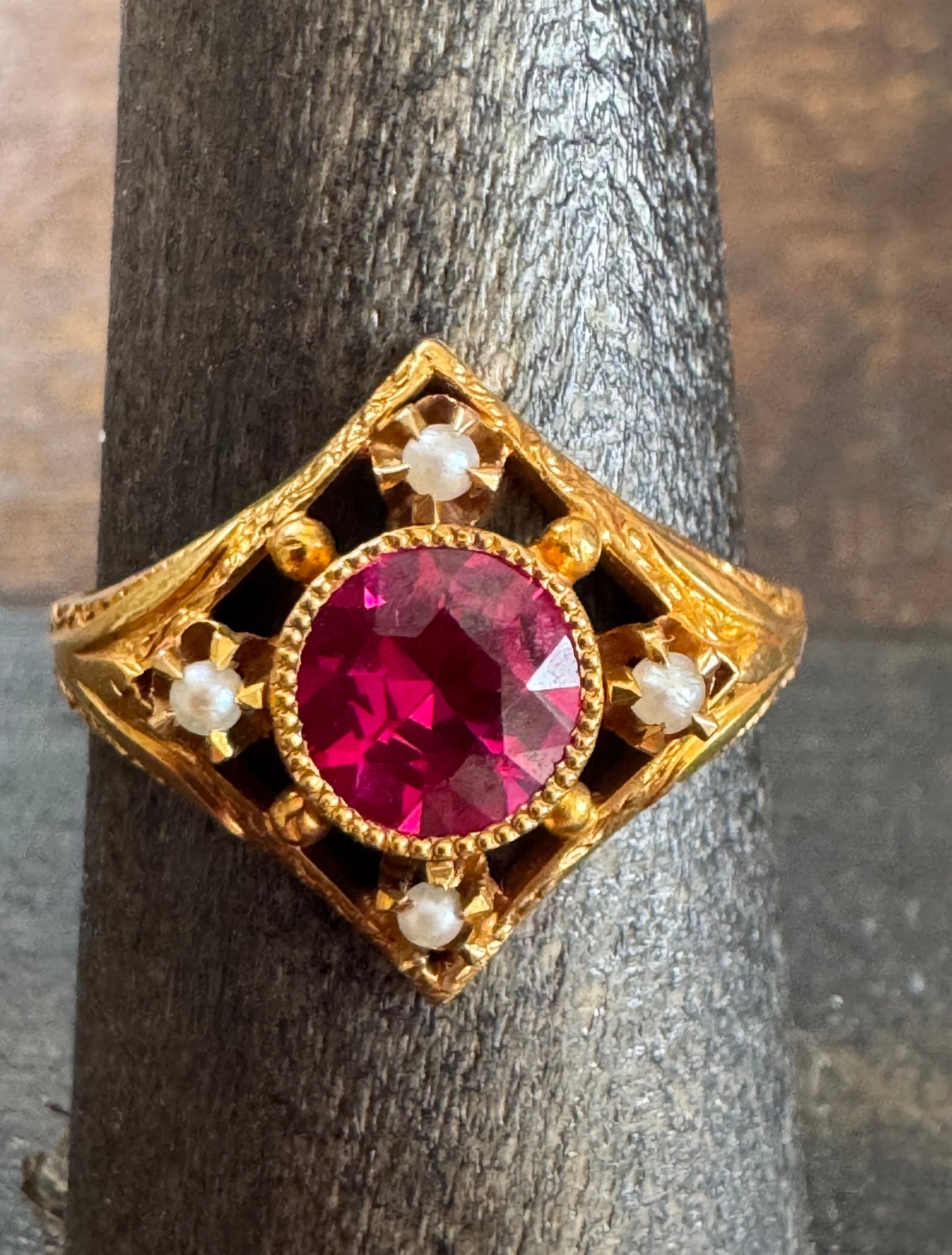Antique Ring- Synthetic Ruby and Seed Pearl Ring