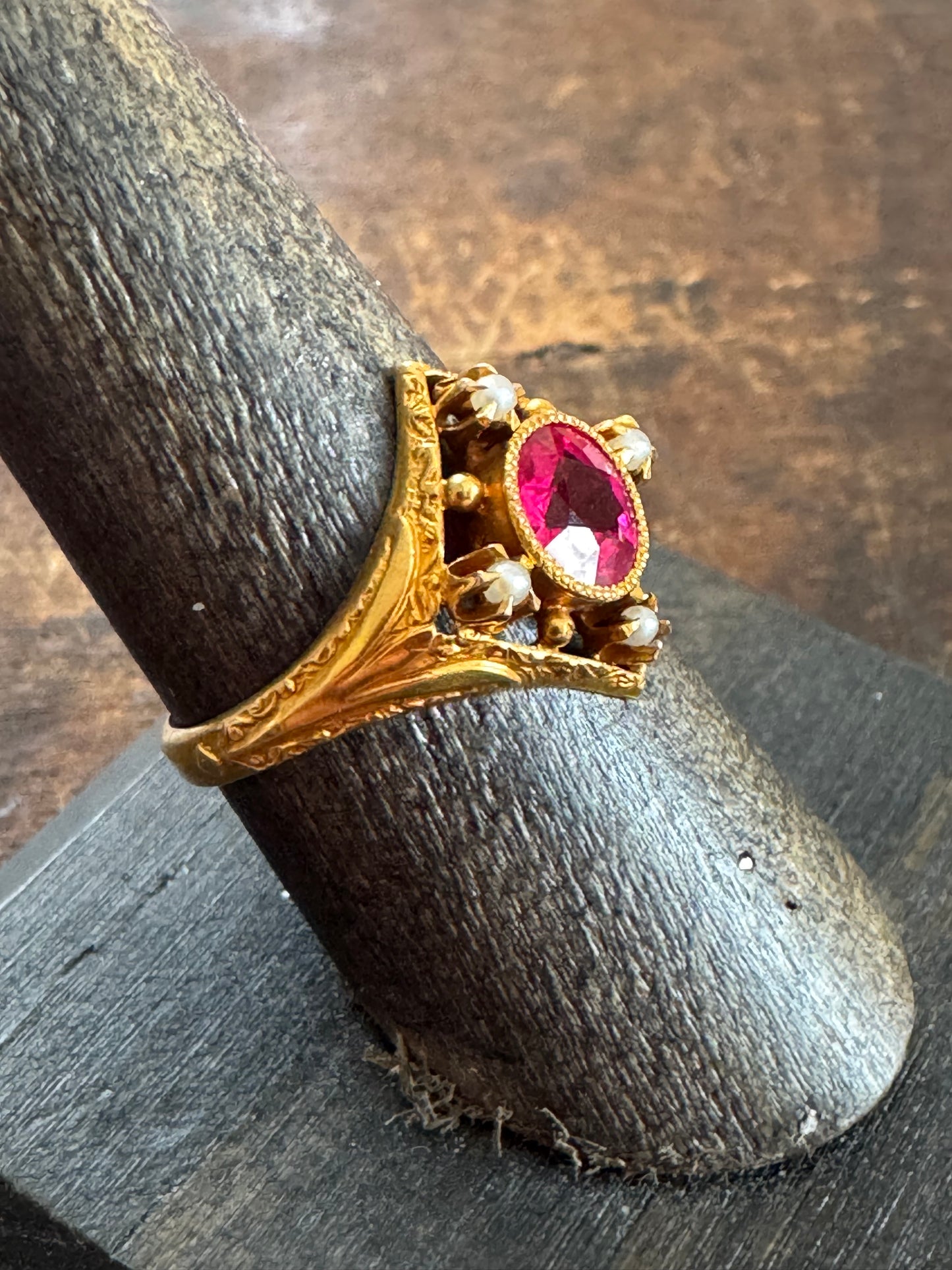 Antique Ring- Synthetic Ruby and Seed Pearl Ring