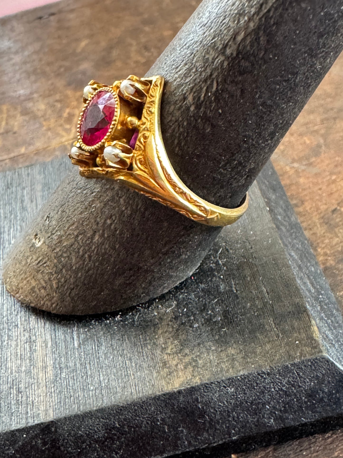 Antique Ring- Synthetic Ruby and Seed Pearl Ring