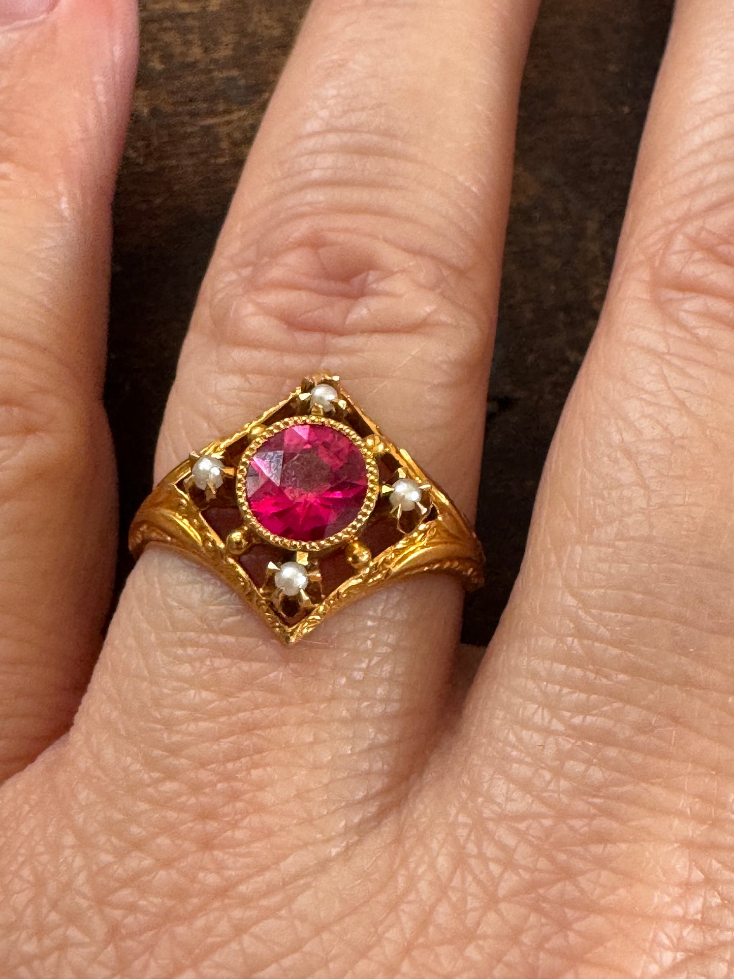 Antique Ring- Synthetic Ruby and Seed Pearl Ring