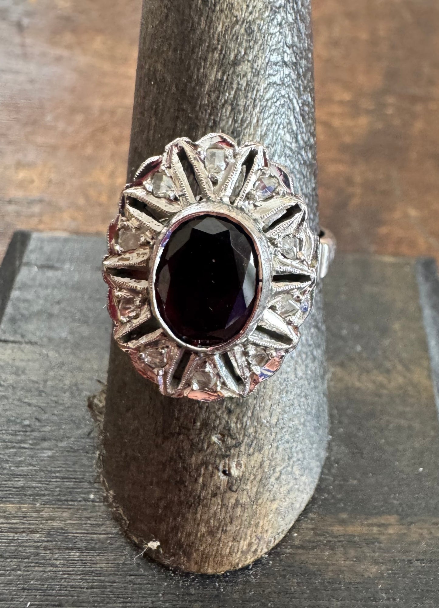 Vintage Ring - Sterling Silver Garnet & Diamond Ring