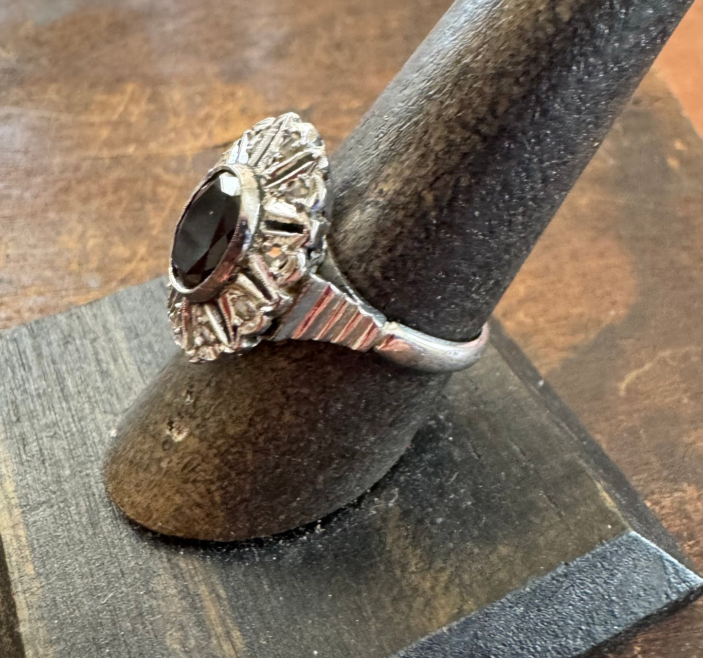 Vintage Ring - Sterling Silver Garnet & Diamond Ring