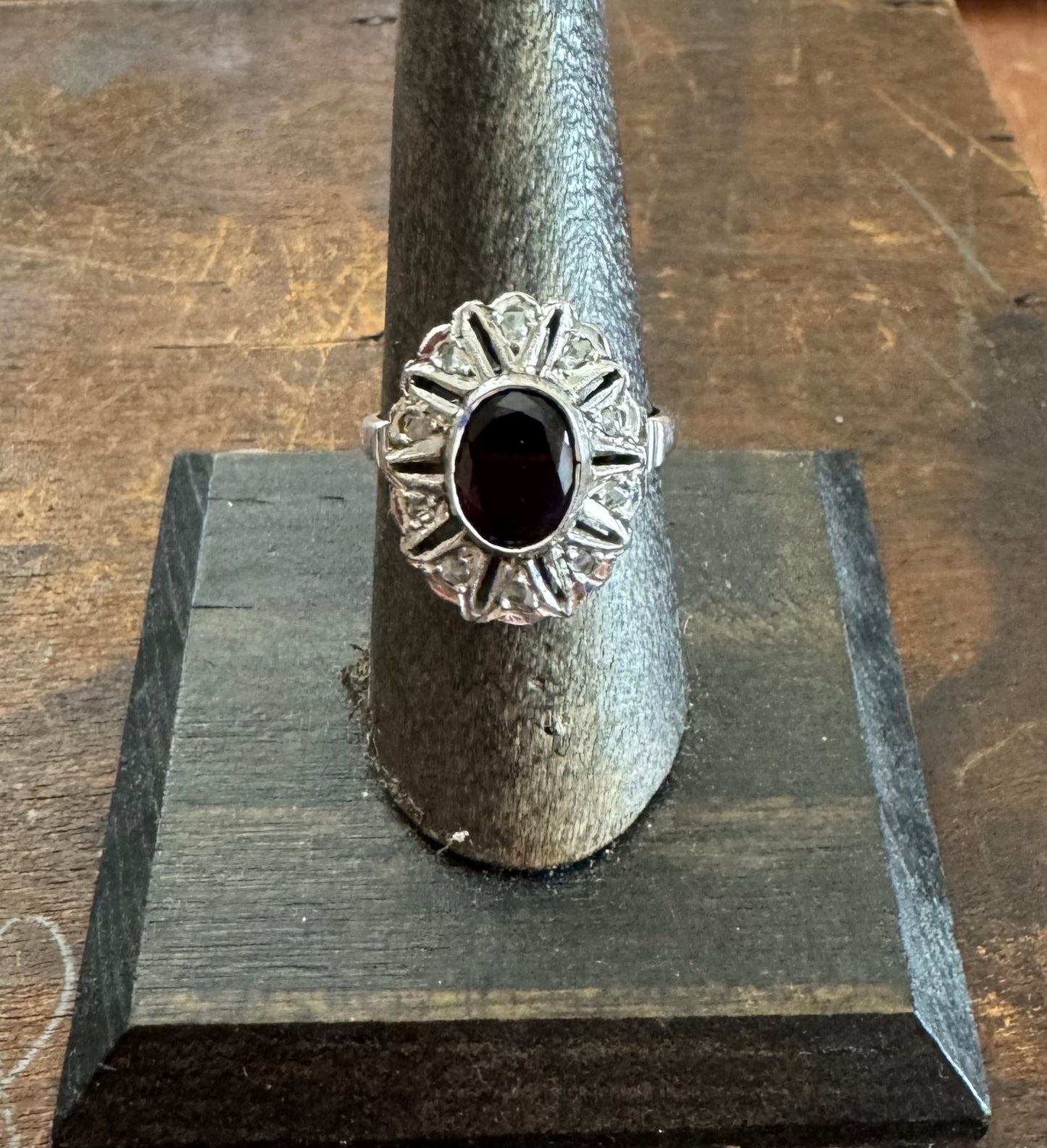 Vintage Ring - Sterling Silver Garnet & Diamond Ring