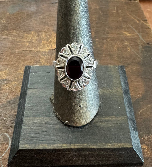 Vintage Ring - Sterling Silver Garnet & Diamond Ring