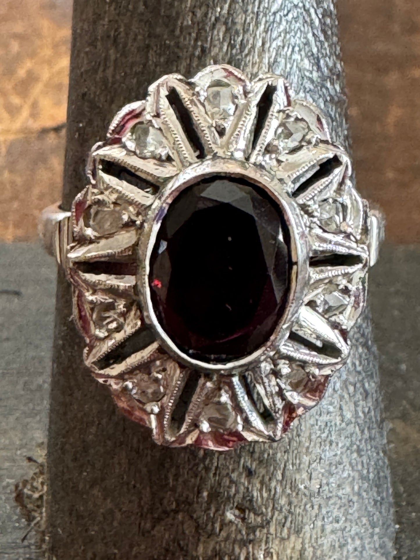 Vintage Ring - Sterling Silver Garnet & Diamond Ring