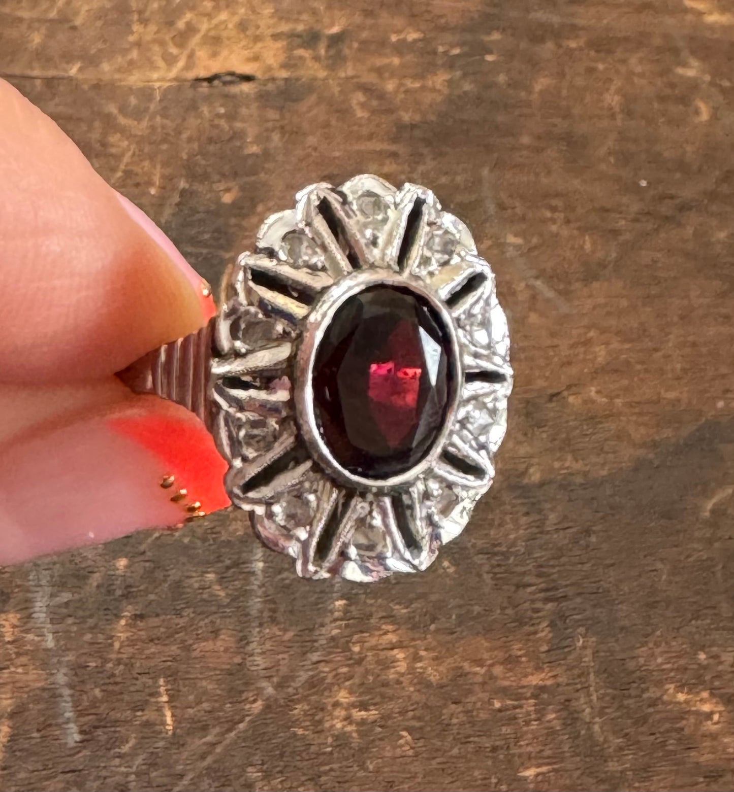 Vintage Ring - Sterling Silver Garnet & Diamond Ring