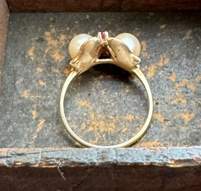 Vintage Pearl & Ruby Mid-Century Gold Ring