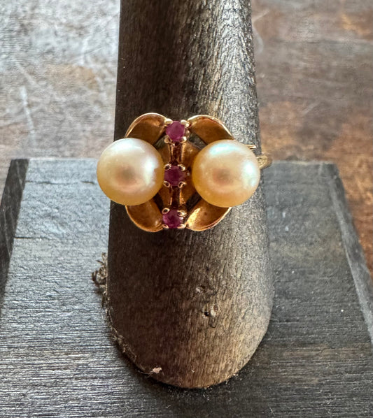 Vintage Ring - Mid-Century Pearl & Ruby Ring